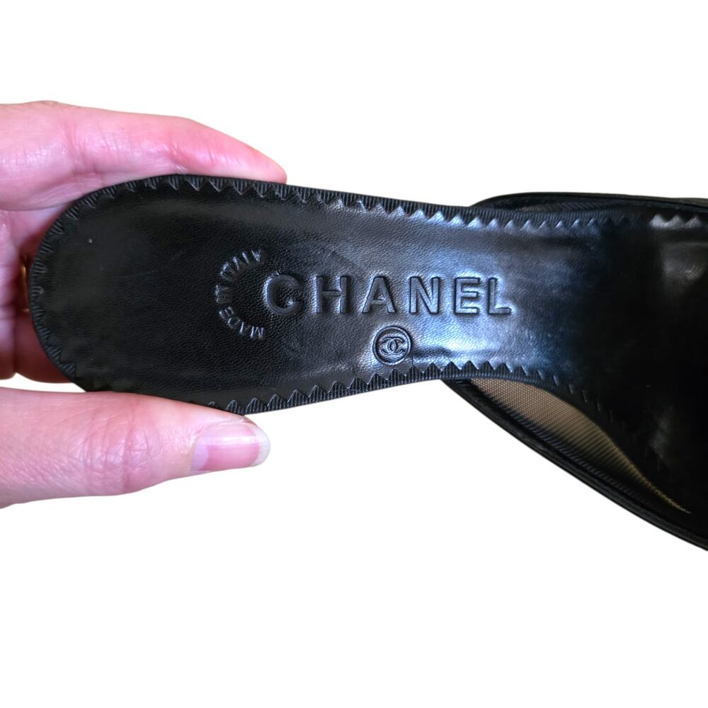 Chanel Vintage 2007 Camellia CC Logo Black Mesh Leather Mules IT 37 US 6.5 - Picture 6 of 12